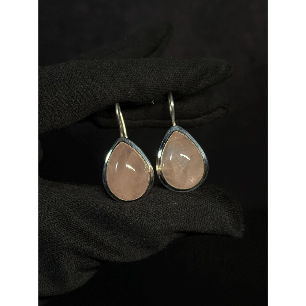 Sterling Silver Rose Quartz Teardrop Dangle Earrings Signed